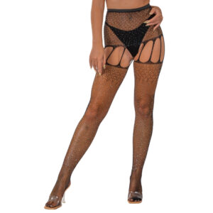 Lace by LJ Rhinestone Suspender Tights Black