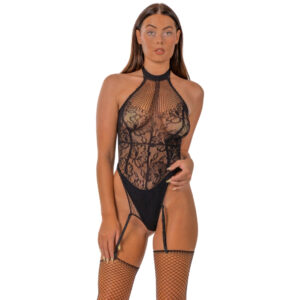 Lace by LJ Floral Lace & Net Halter Suspender Bodystocking Black