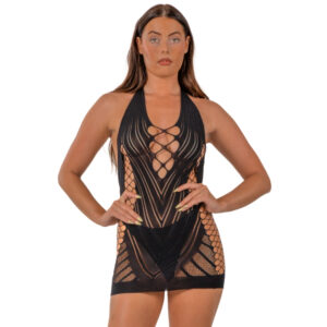 Lace by LJ Halter Neck Dress with Faux Lace Up Front Black