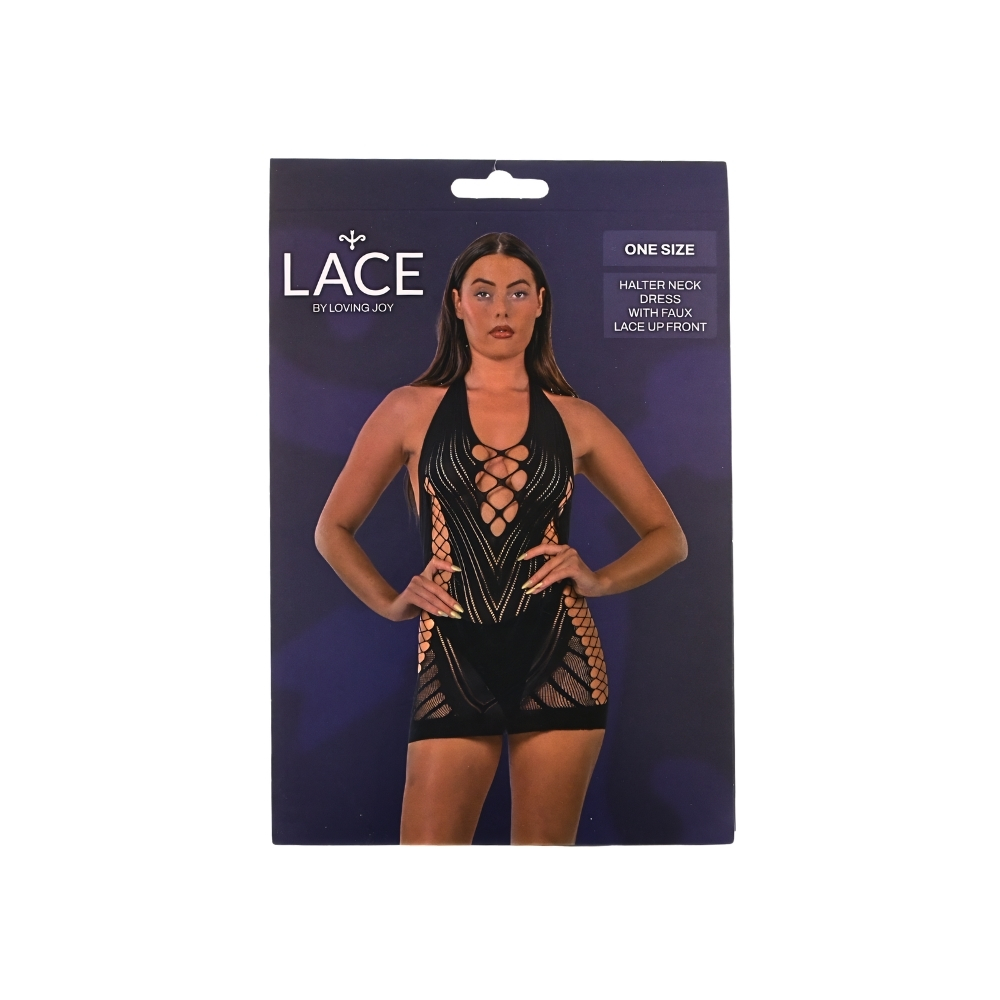 Lace by LJ Halter Neck Dress with Faux Lace Up Front Black - Image 6